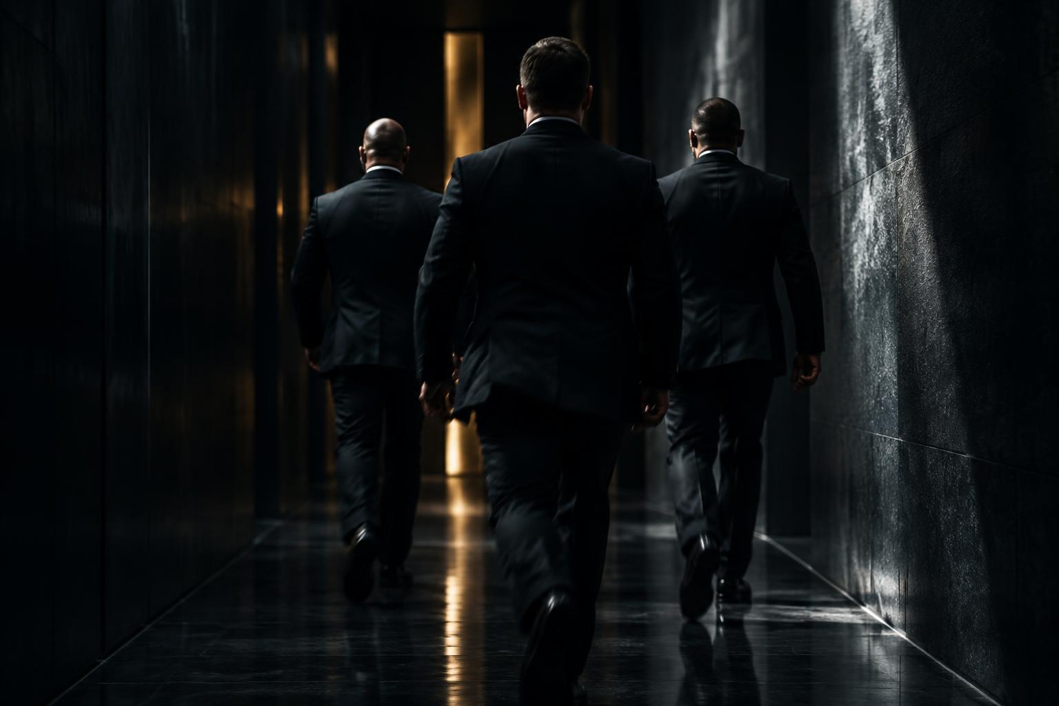 Protection personnel walking a corridor in formation