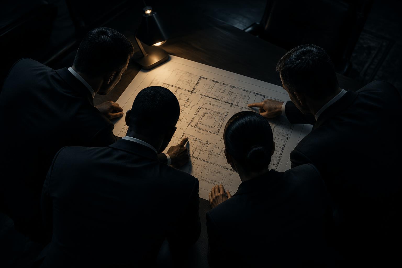 A security team studying a floor plan by lamplight before an assignment